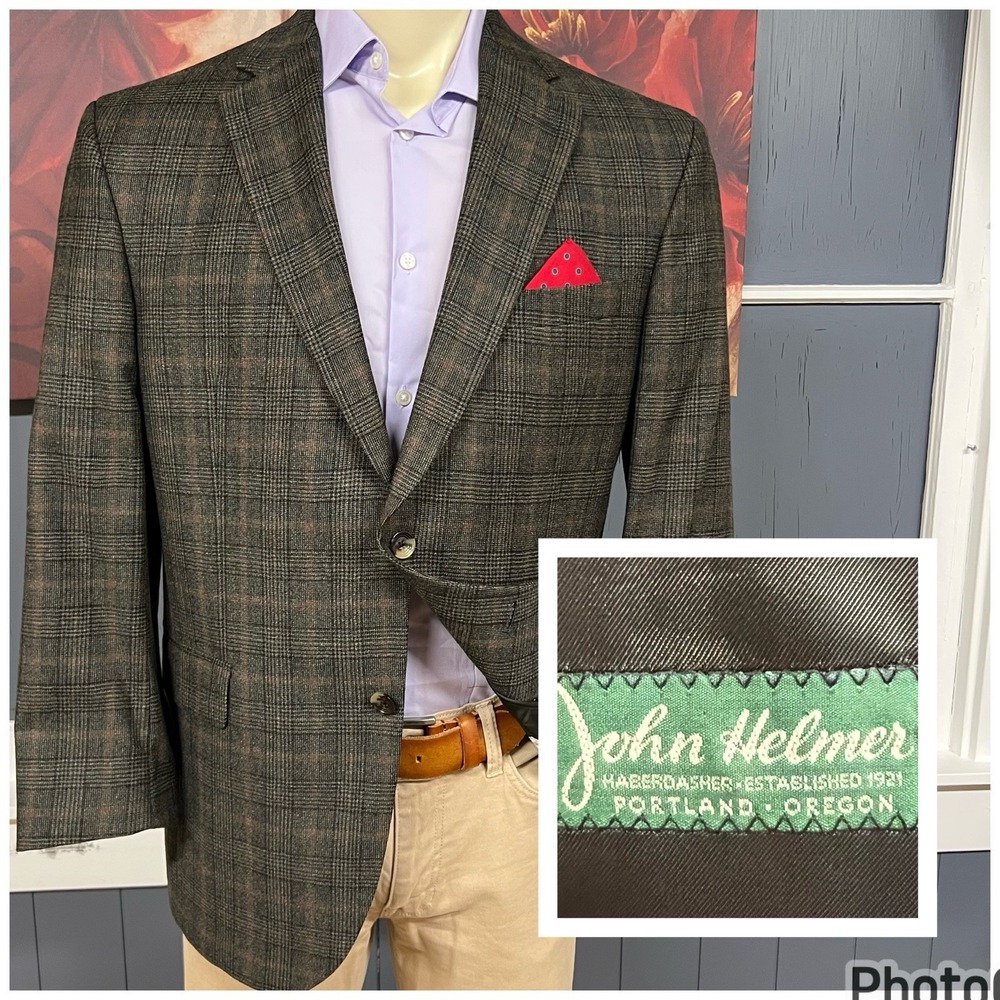 John Helmer 👉Altered👈 Blazer Flannel Wool Mens 44R Green/Brown/Black
